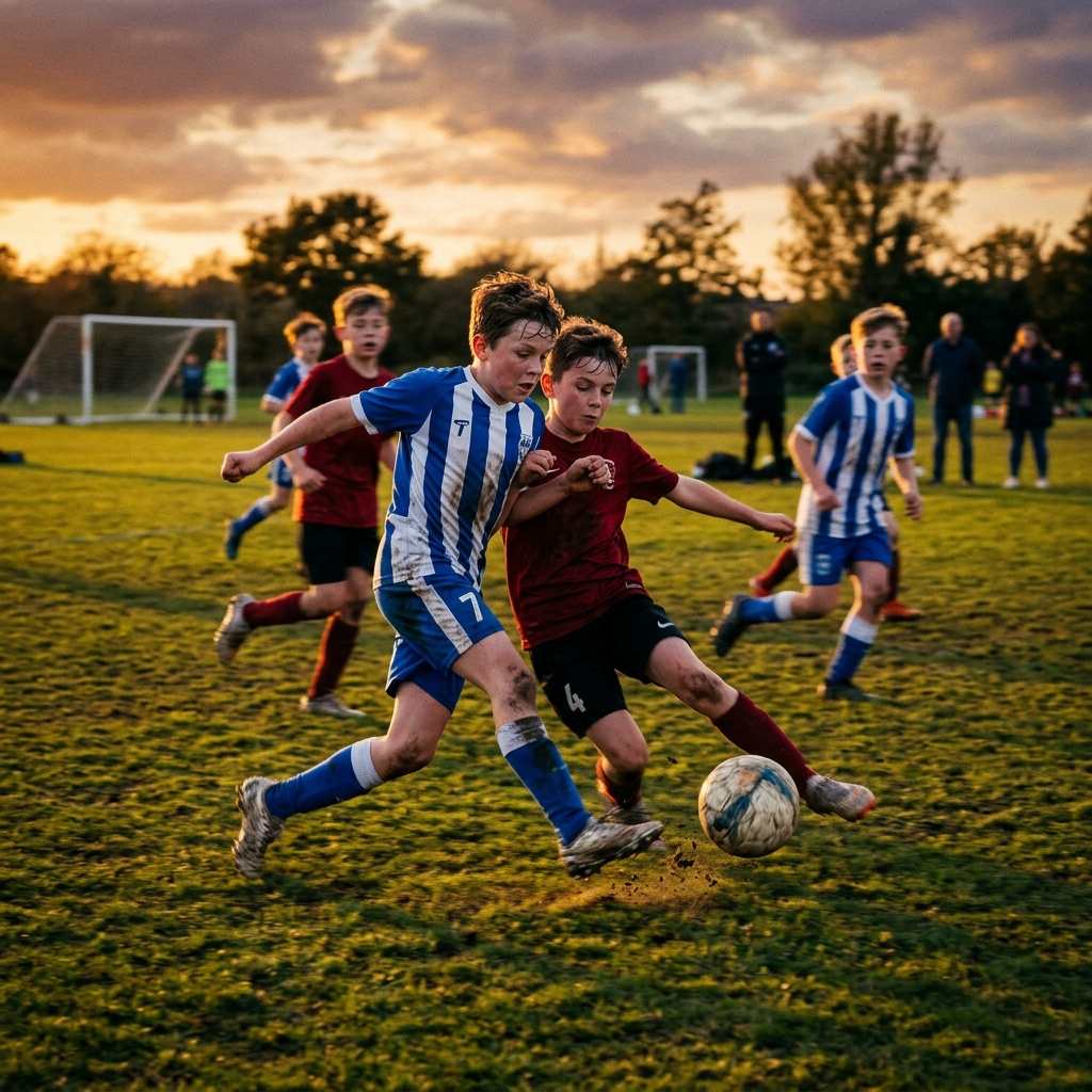 Dynamic soccer action at dusk with golden age players